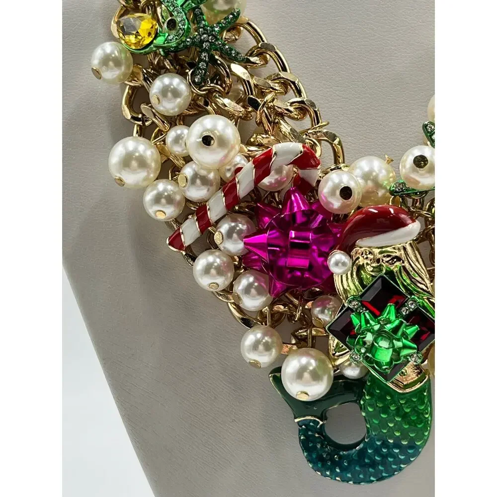 Betsey Johnson Santa‎ Mermaid Candy Cane Drama Christmas Xmas Statement Necklace